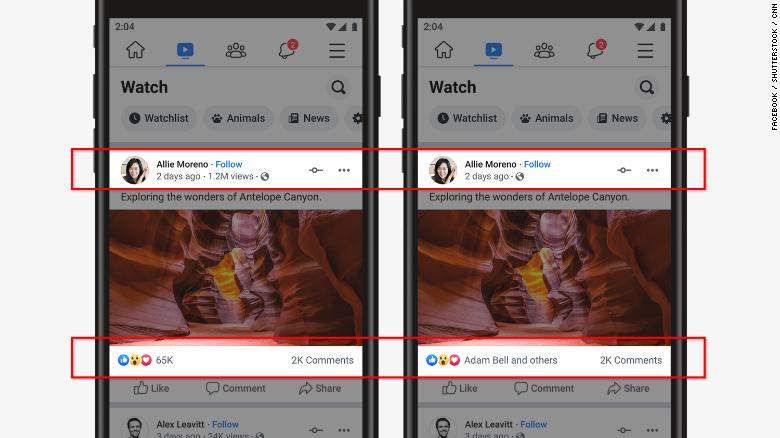 Facebook is testing hiding like, reaction and video view counts (right). 