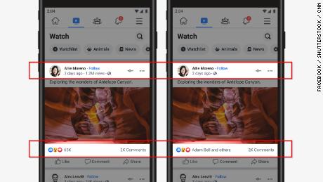 Facebook is testing hiding like, reaction and video view counts (right). 