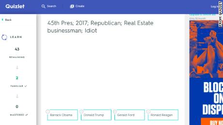 A screen grab shows Watson B. Duncan Middle School&#39;s president quiz on Quizlet.