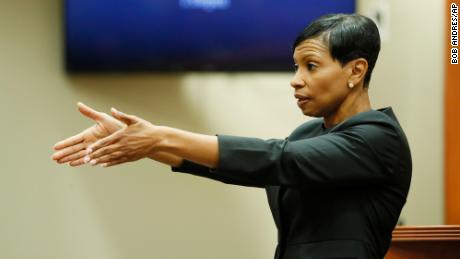 Prosecutor Buffy Thomas gestures during her opening statement in Robert Olsen&#39;s murder trial Thursday. 