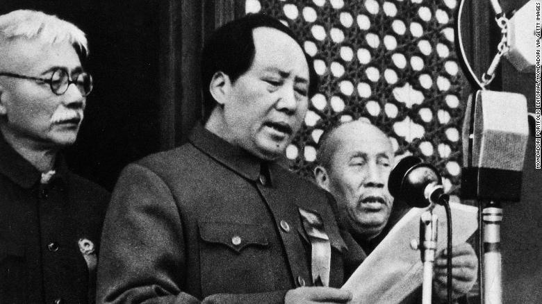 The Chinese Communist Party leader Mao Zedong declaring the birth of the People&#39;s Republic of China in Beijing on October 1, 1949.