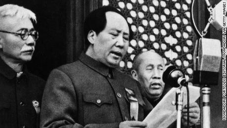 The Chinese Communist Party leader Mao Zedong declaring the birth of the People&#39;s Republic of China in Beijing on October 1, 1949.