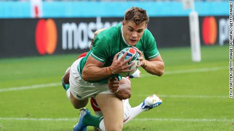 Garry Ringrose of Ireland dives to score his side&#39;s first try during the Rugby World Cup 2019 Group A game between Japan and Ireland at Shizuoka Stadium.