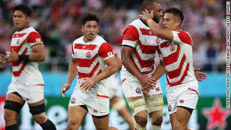 Yu Tamura of Japan celebrates scoring a penalty goal with Michael Leitch during the Rugby World Cup 2019 Group A game between Japan and Ireland at Ecopa Stadium.