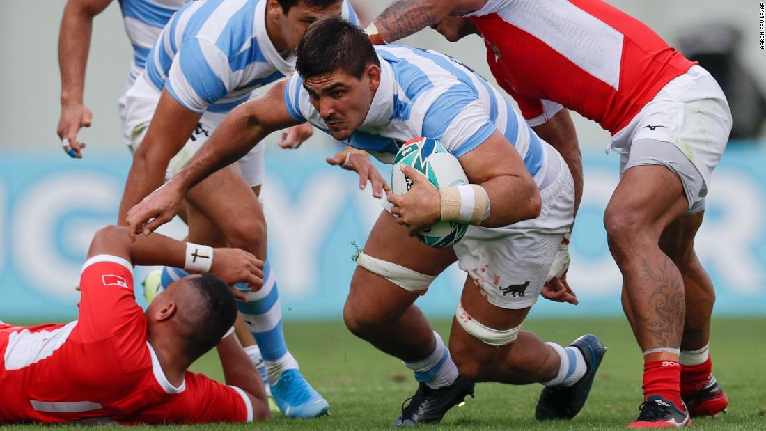Argentina&#39;s Pablo Matera runs with the ball during their game against Tonga.
