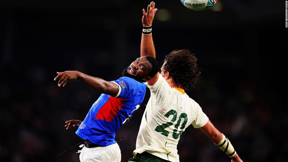 Max Katijenko of Namibia competes for a lineout with Franco Mostert of South Africa during the Rugby World Cup 2019 Group B game between South Africa and Namibia at City of Toyota Stadium.