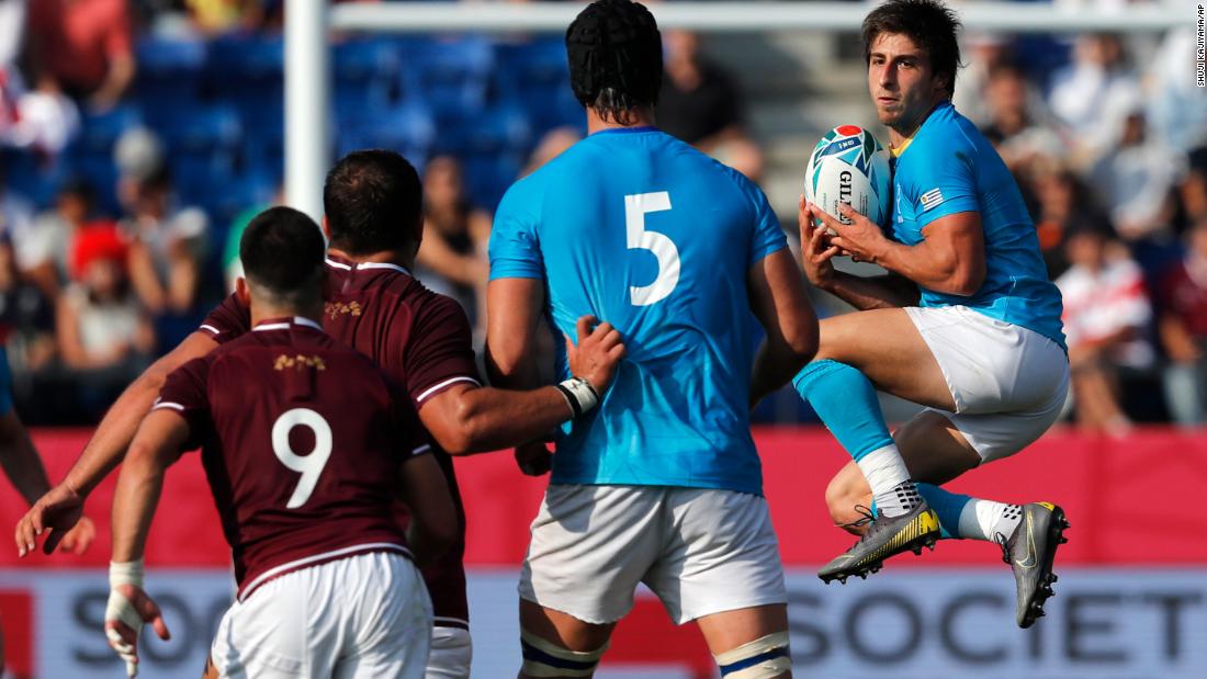 Uruguay&#39;s Santiago Arata jumps to take a ball during the Rugby World Cup Pool D game at Kumagaya Rugby Stadium between Uruguay and Georgia.