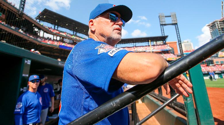 Joe Maddon looks out from the dugout prior to a baseball game against the St. Louis Cardinals, Sunday, September 29, 2019, in St. Louis.