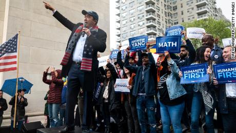 Democratic presidential candidate Andrew Yang speaks during a rally in Washington Square Park, May 14, 2019 in New York City. 