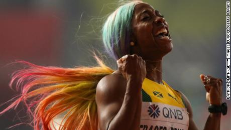 DOHA, QATAR - SEPTEMBER 29: Shelly-Ann Fraser-Pryce of Jamaica celebrates winning the Women&#39;s 100 Metres final during day three of 17th IAAF World Athletics Championships Doha 2019 at Khalifa International Stadium on September 29, 2019 in Doha, Qatar. (Photo by Patrick Smith/Getty Images)