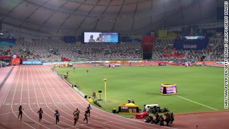 Very few people were in the stadium to watch the women&#39;s 100m final. 