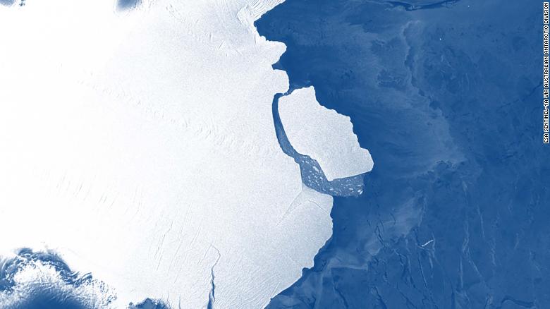 The D-28 iceberg calving off the front of the Amery Ice Shelf. 