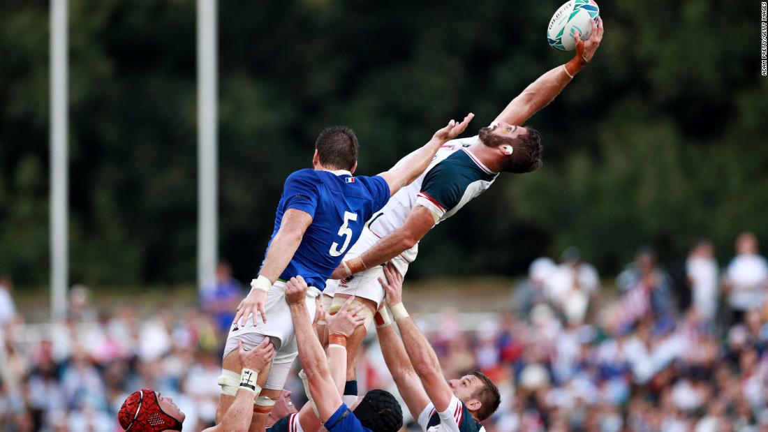 Nick Civetta of the United States stretches for the ball at a lineout with France&#39;s Paul Gabrillagues. The big second row has featured in both of the USA&#39;s defeats at the Rugby World Cup. 