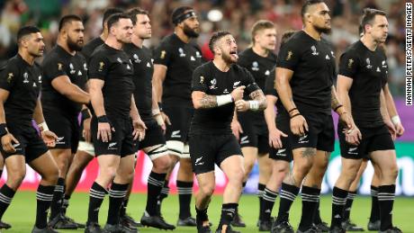 TJ Perenara of New Zealand leads the Haka before the game between New Zealand and Canada.