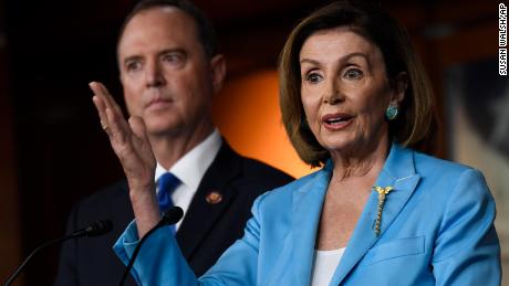 House Speaker Nancy Pelosi, joined by House Intelligence Committee Chairman Rep. Adam Schiff, speaks during a news conference on Capitol Hill in Washington, October 2.