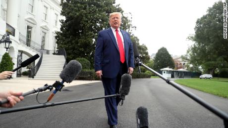 President Donald Trump speaks to members of the media on the South Lawn of the White House in Washington, Thursday, October 3, 2019, before boarding Marine One for a short trip to Andrews Air Force Base, Maryland, and then on to Florida.