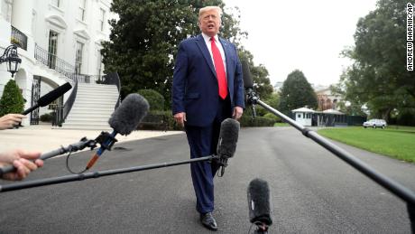 President Donald Trump speaks to members of the media on the South Lawn of the White House in Washington, Thursday, October 3, 2019, before boarding Marine One for a short trip to Andrews Air Force Base, Maryland, and then on to Florida.