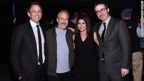 Seth Meyers, Jon Stewart, Caroline Hirsch and John Oliver pose backstage at the New York Comedy Festival in 2015 (Photo by Ilya S. Savenok/Getty Images for Academy of Motion Picture Arts and Science)