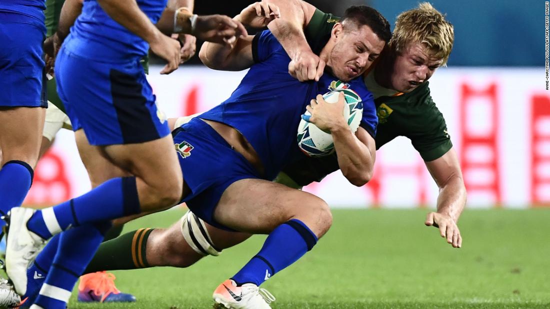 After defeat by New Zealand in its opening game at Japan 2019, South Africa couldn&#39;t afford to slip up against Italy. South Africa&#39;s flanker Pieter-Steph Du Toit tackles Italy&#39;s centre Luca Morisi.