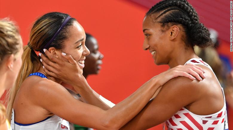 Katarina Johnson-Thompson is congratulated by Belgium&#39;s Nafi Thiam.