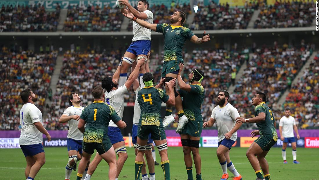 Franco Lamanna of Uruguay wins a line out under challenge from Lukhan Salakaia-Loto of Australia.