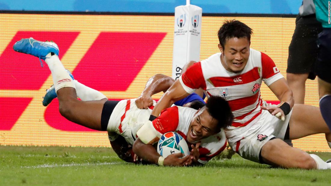 Japan&#39;s Kotaro Matsushima reacts after scoring his side&#39;s vital fourth bonus-point try in the 39-18 win over Samoa in Pool A.