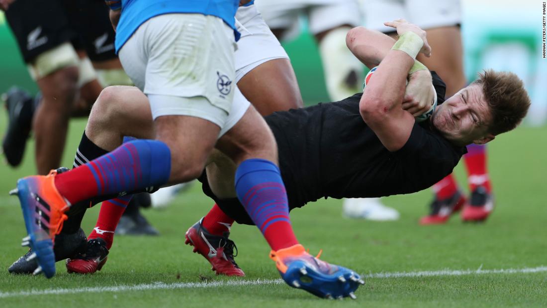 Jordie Barrett of New Zealand dives to score his side&#39;s tenth try a 71-9 win for the All Blacks over Namibia in Pool B at the Tokyo Stadium.