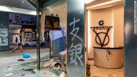  A China Construction Bank (Asia) is vandalized in Causeway Bay district on October 6, 2019 in Hong Kong, China. 