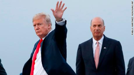 President Donald Trump is joined by Gordon Sondland, the U.S. ambassador to the European Union as he arrives at Melsbroek Air Base, in Brussels, Belgium in July 2018