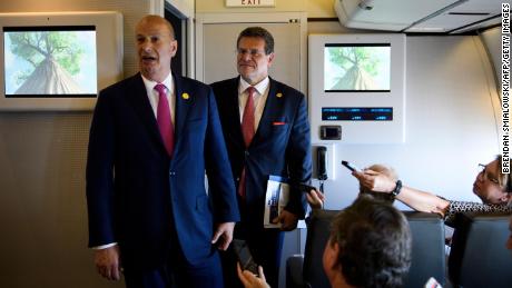 US Ambassador to the EU Gordon Sondland, at left, and European Commission Vice President Maros Sefcovic talk with to reporters aboard Air Force One in May in Louisiana. 