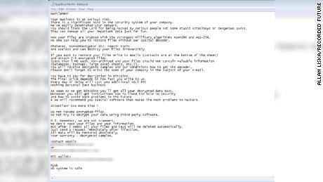 A screenshot of an example of the Ryuk ransomware, provided by Allan Liska from Recorded Future.