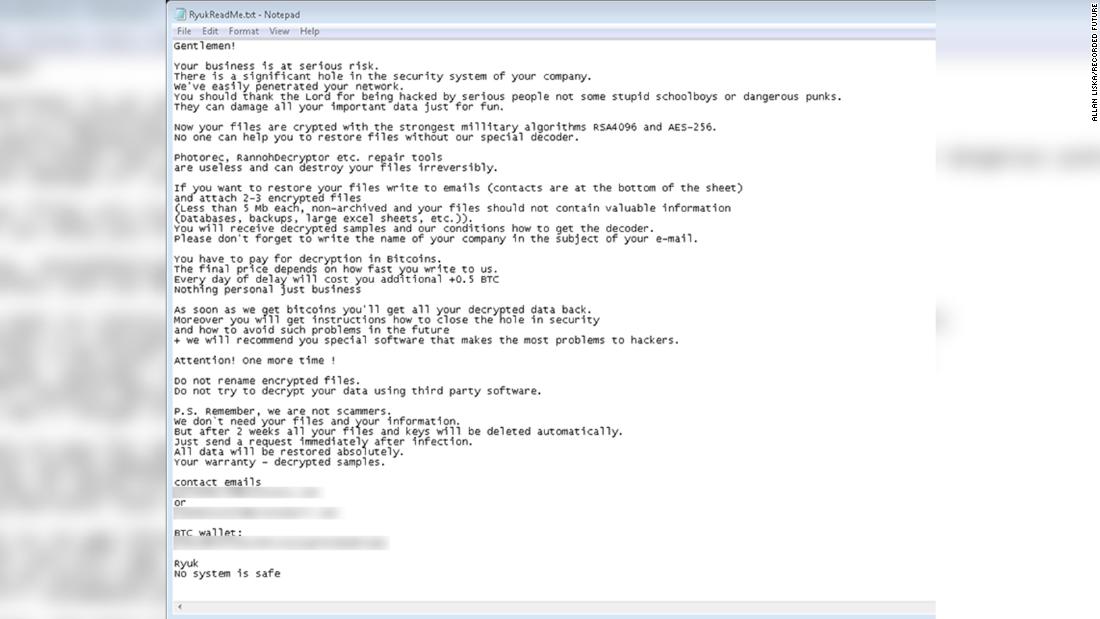 A screenshot of an example of the Ryuk ransomware, provided by Allan Liska from Recorded Future.