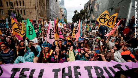MELBOURNE, AUSTRALIA - OCTOBER 07: Protestors are seen on October 07, 2019 in Melbourne, Australia. The event was organised as part of Extinction Rebellion&#39;s global &quot;Week Of Action&quot; in 60 cities across the world to bring attention to climate change and push governments to declare a climate emergency. (Photo by Darrian Traynor/Getty Images)
