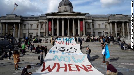 Climate activists protest in London&#39;s Trafalgar Square during the third day of climate change demonstrations led by Extinction Rebellion in October.