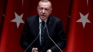 Turkish President Recep Tayyip Erdogan speaks during the extended meeting with provincial heads of ruling Justice and Development (AK) Party in Ankara, Turkey on October 10, 2019. (Photo by Adem ALTAN / AFP) (Photo by ADEM ALTAN/AFP via Getty Images)