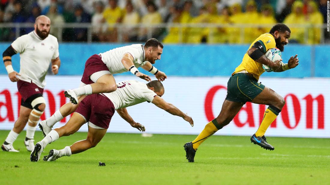 Marika Koroibete of Australia breaks through to score his side&#39;s second try during the Rugby World Cup 2019 Group D game between Australia and Georgia. 