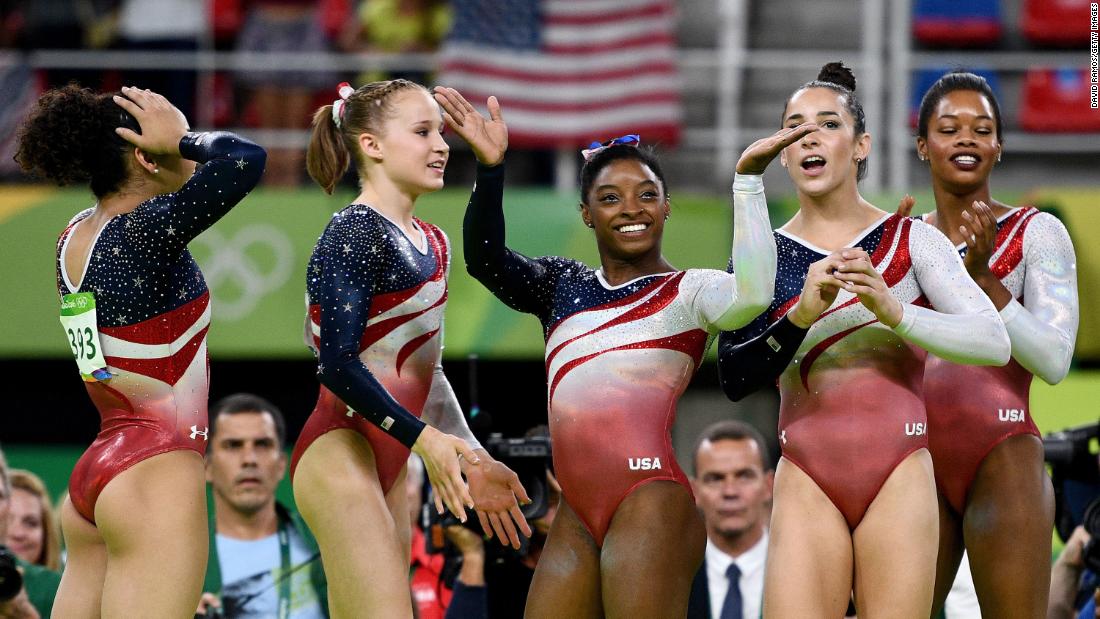 From left, Laurie Hernandez, Madison Kocian, Biles, Aly Raisman and Gabby Douglas celebrate winning the gold medal during the team final of the 2016 Olympics.