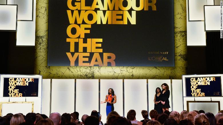 Biles speaks onstage during Glamour&#39;s Women of the Year event in 2016.