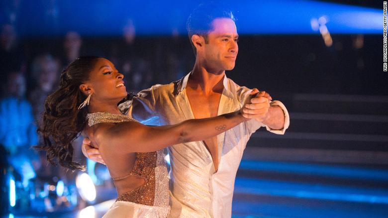 Biles competes in &quot;Dancing with the Stars&quot; with Sasha Farber in 2017.