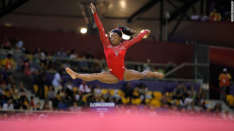 Biles performs on the floor during the 2018 World Championships.