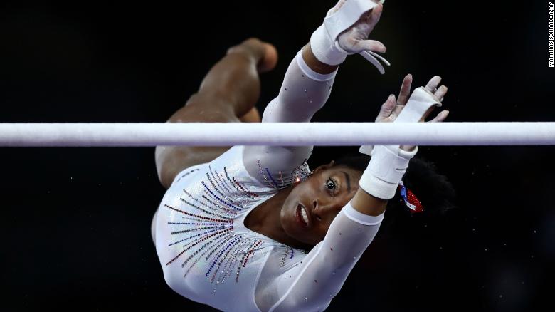 Biles performs on the uneven bars at the 2019 World Championships.
