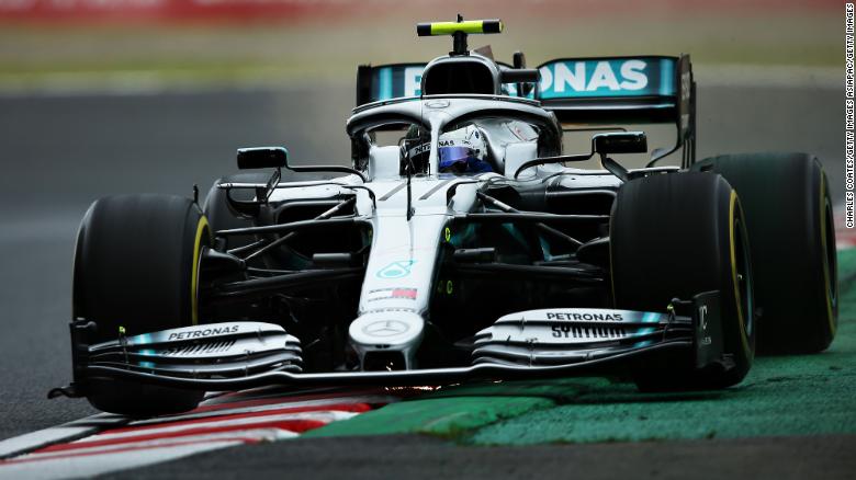 Bottas driving the Mercedes F1 Car on track during practice ahead of the Japanese Grand Prix.