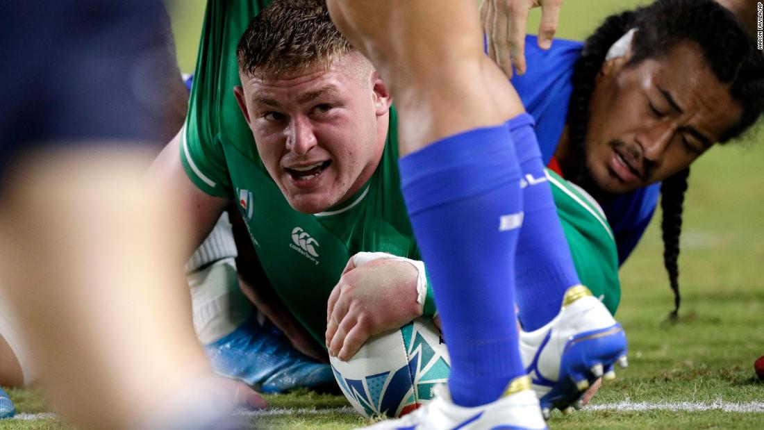 Ireland&#39;s Tadhg Furlong reacts after scoring a try against Samoa. The Irish led the game 26-5 at halftime. 