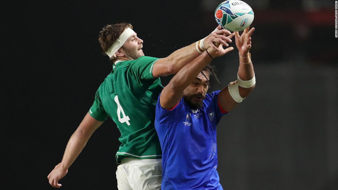 Chris Vui of Samoa wins the line-out from Iain Henderson of Ireland but it was the Irish who got the better of most duels despite having a player red carded. 