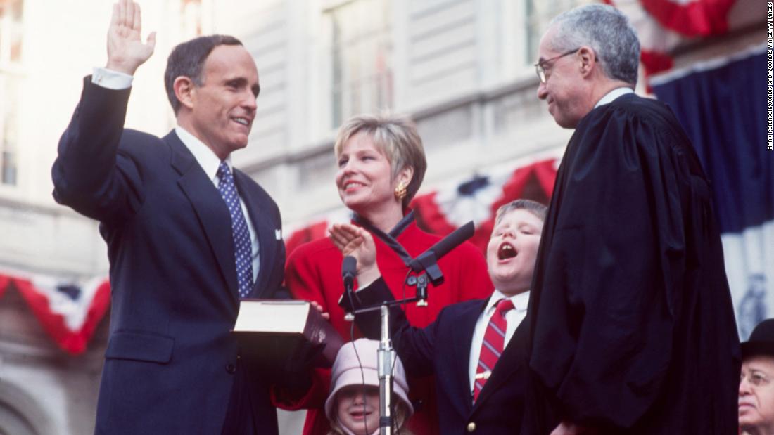 Giuliani is sworn in as New York City&#39;s mayor in January 1994. Joining him are his wife, Donna, and their children, Andrew and Caroline.