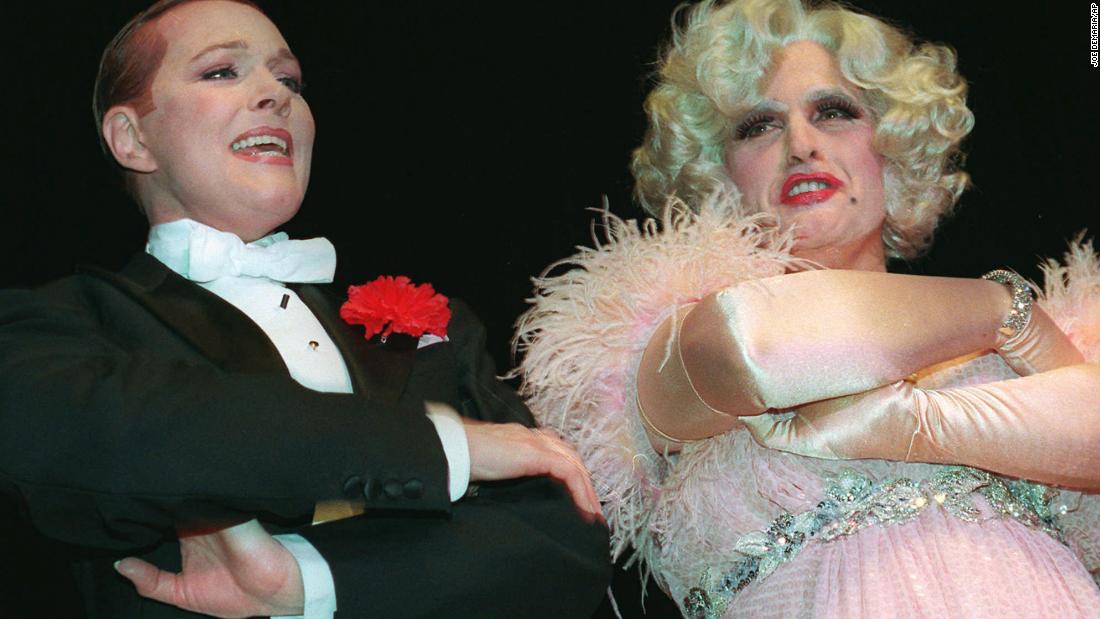 Giuliani, right, is dressed in drag while singing with Julie Andrews at an Inner Circle dinner in March 1997. The annual event is where New York City&#39;s journalists satirize city, state and national politics. Giuliani&#39;s act was a rebuttal to the Inner Circle&#39;s play entitled Citizen Pain.