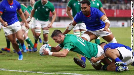 Johnny Sexton registers one of his two tries on the night.