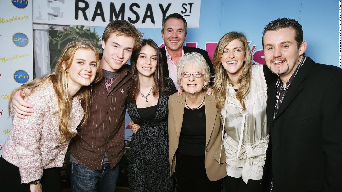 Neighbours actors Tippa Black, Sam Clarke, Adelaide Kane, Alan Fletcher, Casting Director Jan Russ, Dolly Editor Bronwyn McCahon and actor Ryan Maloney pose together in 2006. 