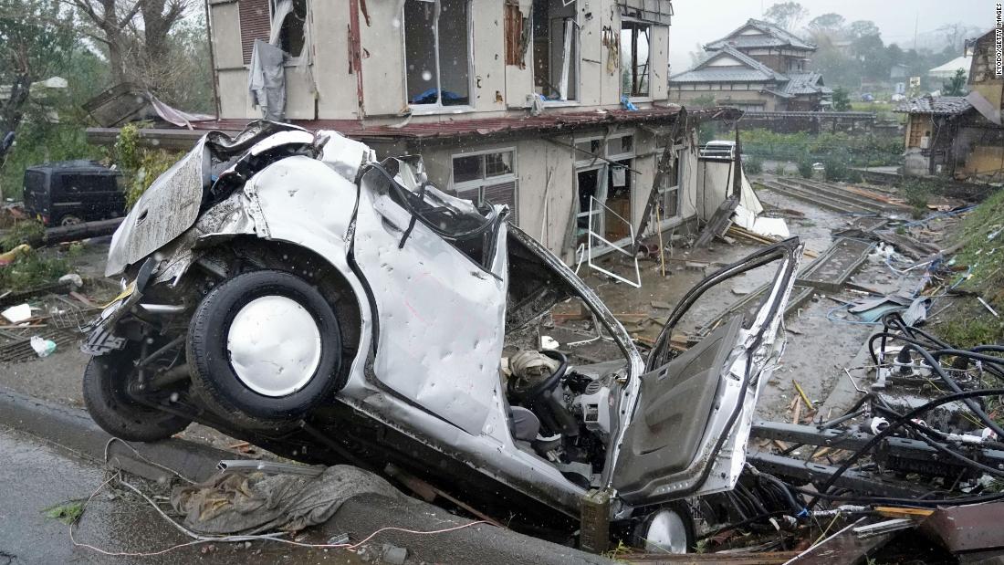 Damage from a suspected tornado is seen in Ichihara, Japan, on October 12.