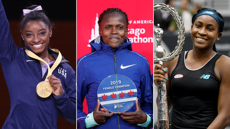 (Left to right): Simone Biles, Brigid Kosgei and Coco Gauff.